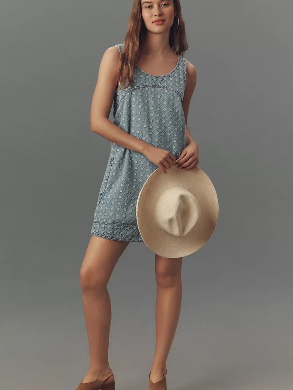 NWT Anthropologie/Pilcro Scoop-Neck Chambray Denim Embroidered Dress XS $158